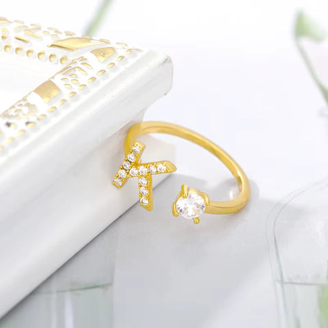 Zircon Initial A-Z Letter Rings for Women Stainless Steel Adjustable Opening Ring Name Alphabet Female Wedding Jewelry Gift
